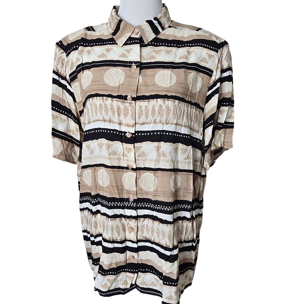 Vintage 90s Alfred Dunner Blouse 22W Plus Size Black Tan Striped Button Up Top